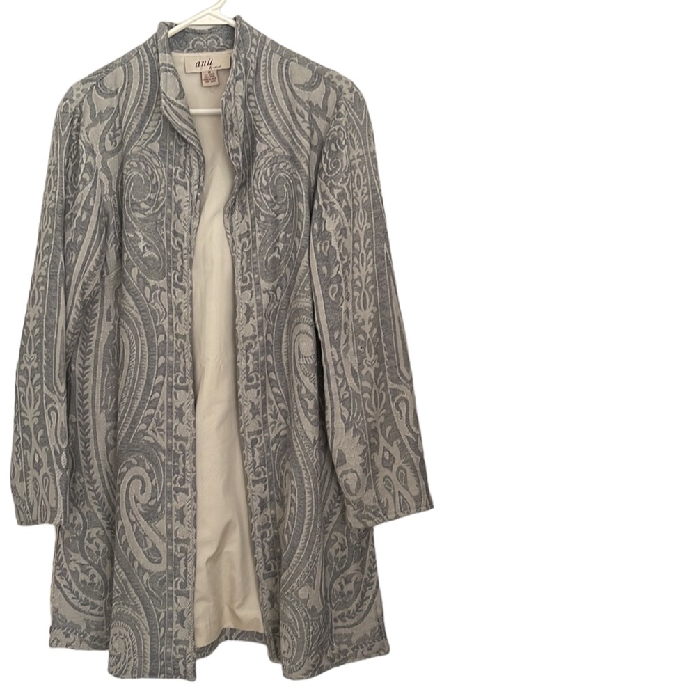 Anu 100% Wool Woven Grey & Cream Paisley Tapestry Open Duster Jacket